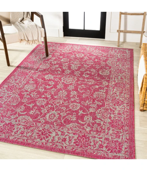 Tela Bohemian Textured Weave Floral Fuchsia/Light Gray 4 ft. x 6 ft. Indoor/Outdoor Area Rug