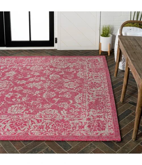 Tela Bohemian Textured Weave Floral Fuchsia/Light Gray 4 ft. x 6 ft. Indoor/Outdoor Area Rug
