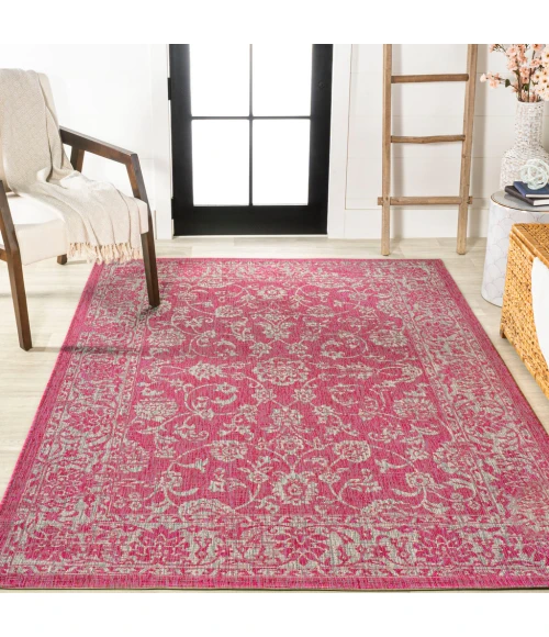 Tela Bohemian Textured Weave Floral Fuchsia/Light Gray 4 ft. x 6 ft. Indoor/Outdoor Area Rug