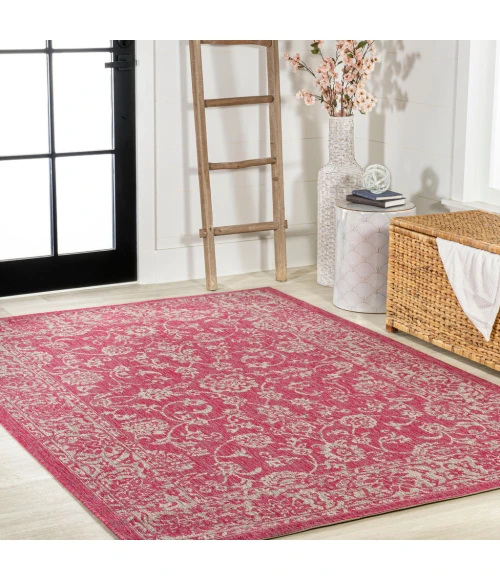 Tela Bohemian Textured Weave Floral Fuchsia/Light Gray 4 ft. x 6 ft. Indoor/Outdoor Area Rug