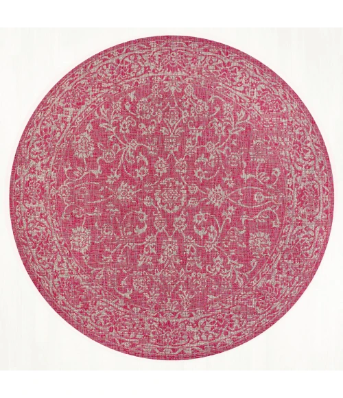 Tela Bohemian Textured Weave Floral Fuchsia/Light Gray 5' Round Indoor/Outdoor Area Rug