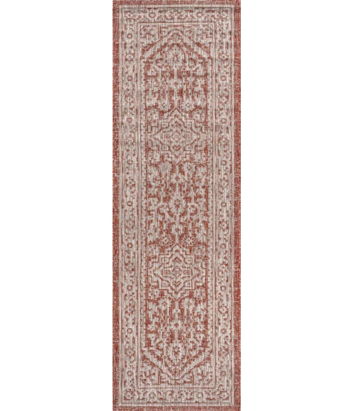 Sinjuri Medallion Textured Weave Red/Taupe 2 ft. x 8 ft. Indoor/Outdoor Runner Rug