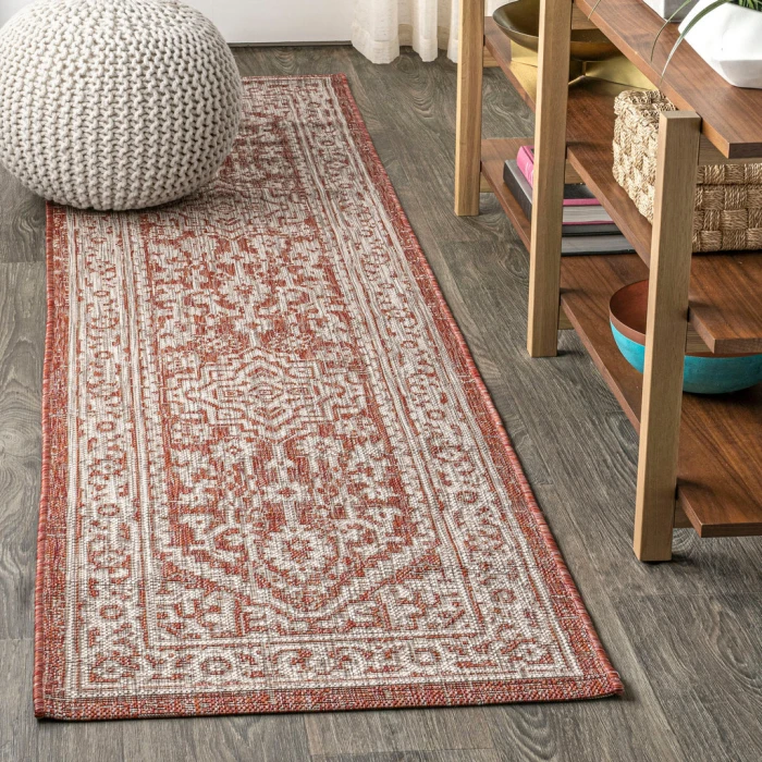 Sinjuri Medallion Textured Weave Red/Taupe 2 ft. x 8 ft. Indoor/Outdoor Runner Rug