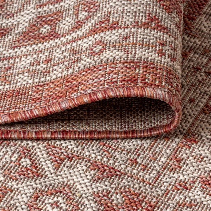 Sinjuri Medallion Textured Weave Red/Taupe 2 ft. x 8 ft. Indoor/Outdoor Runner Rug