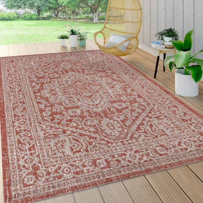 Sinjuri Medallion Textured Weave Red/Taupe 4 ft. x 6 ft. Indoor/Outdoor Area Rug