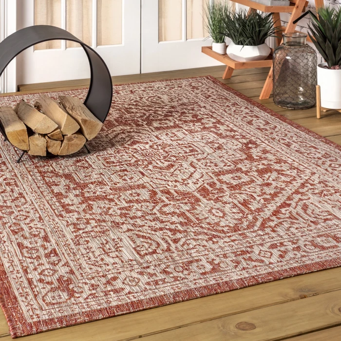 Sinjuri Medallion Textured Weave Red/Taupe 4 ft. x 6 ft. Indoor/Outdoor Area Rug