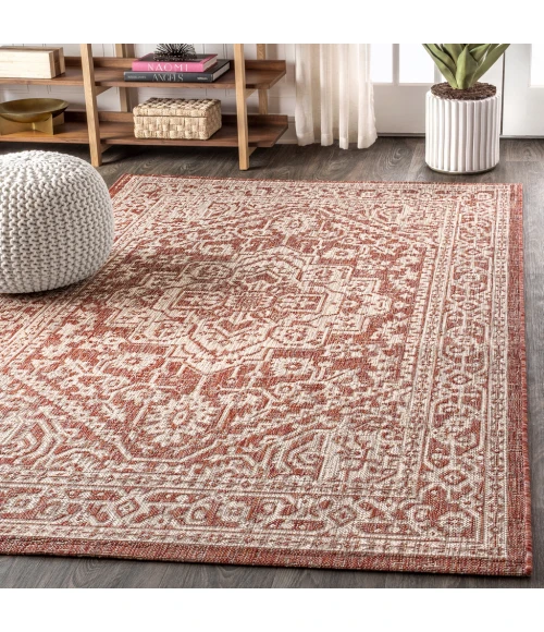 Sinjuri Medallion Textured Weave Red/Taupe 4 ft. x 6 ft. Indoor/Outdoor Area Rug