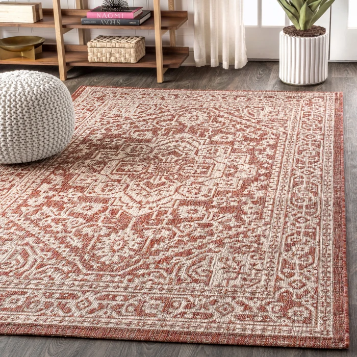 Sinjuri Medallion Textured Weave Red/Taupe 4 ft. x 6 ft. Indoor/Outdoor Area Rug