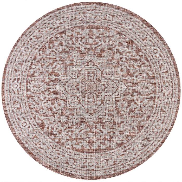 Sinjuri Medallion Textured Weave Red/Taupe 5' Round Indoor/Outdoor Area Rug