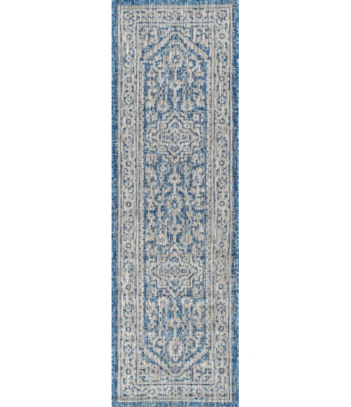 Sinjuri Medallion Textured Weave Navy/Gray 2 ft. x 8 ft. Indoor/Outdoor Runner Rug