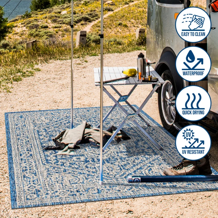 Sinjuri Medallion Textured Weave Navy/Gray 5' Round Indoor/Outdoor Area Rug