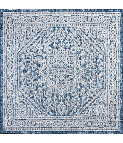 Sinjuri Medallion Textured Weave Navy/Gray 5' Square Indoor/Outdoor Area Rug
