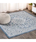Sinjuri Medallion Textured Weave Navy/Gray 5' Square Indoor/Outdoor Area Rug