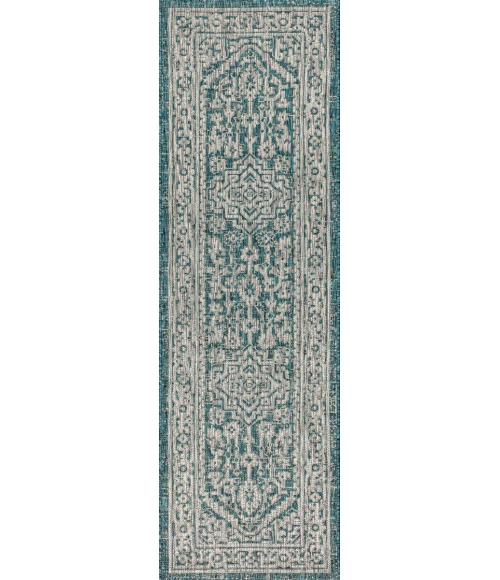 Sinjuri Medallion Textured Weave  Teal Blue/Gray 2 ft. x 10 ft. Indoor/Outdoor Runner Rug
