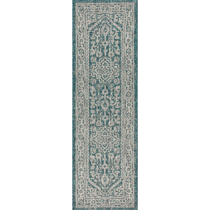 Sinjuri Medallion Textured Weave  Teal Blue/Gray 2 ft. x 8 ft. Indoor/Outdoor Runner Rug