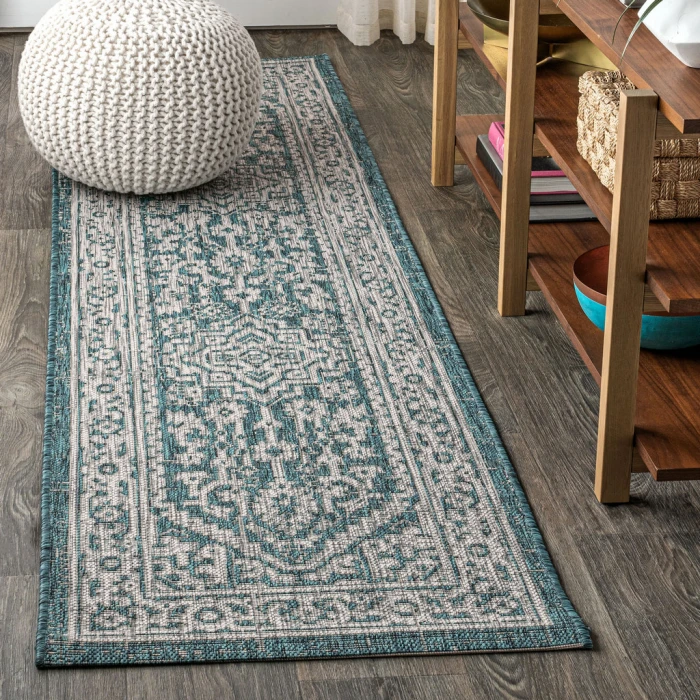 Sinjuri Medallion Textured Weave  Teal Blue/Gray 2 ft. x 8 ft. Indoor/Outdoor Runner Rug