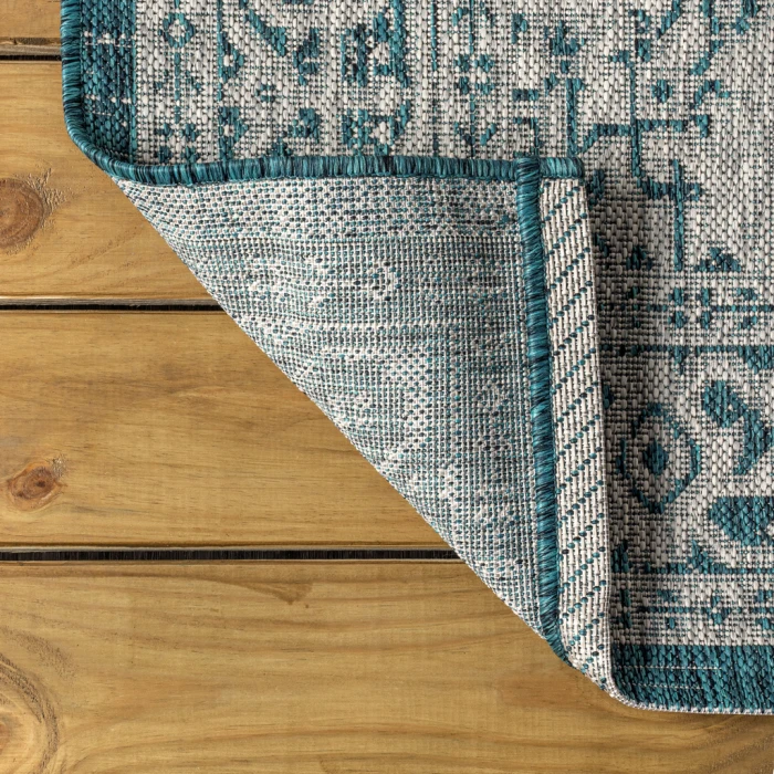 Sinjuri Medallion Textured Weave  Teal Blue/Gray 8 ft. x 10 ft. Indoor/Outdoor Area Rug