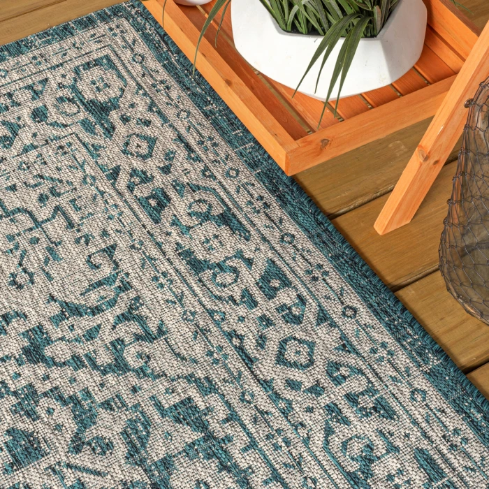 Sinjuri Medallion Textured Weave  Teal Blue/Gray 8 ft. x 10 ft. Indoor/Outdoor Area Rug