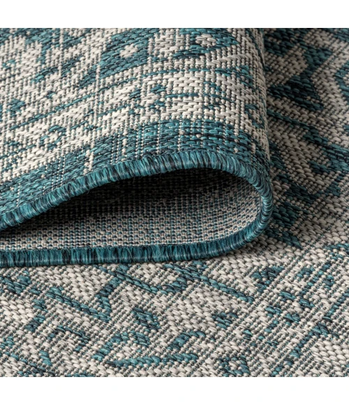 Sinjuri Medallion Textured Weave  Teal Blue/Gray 2 ft. x 10 ft. Indoor/Outdoor Runner Rug