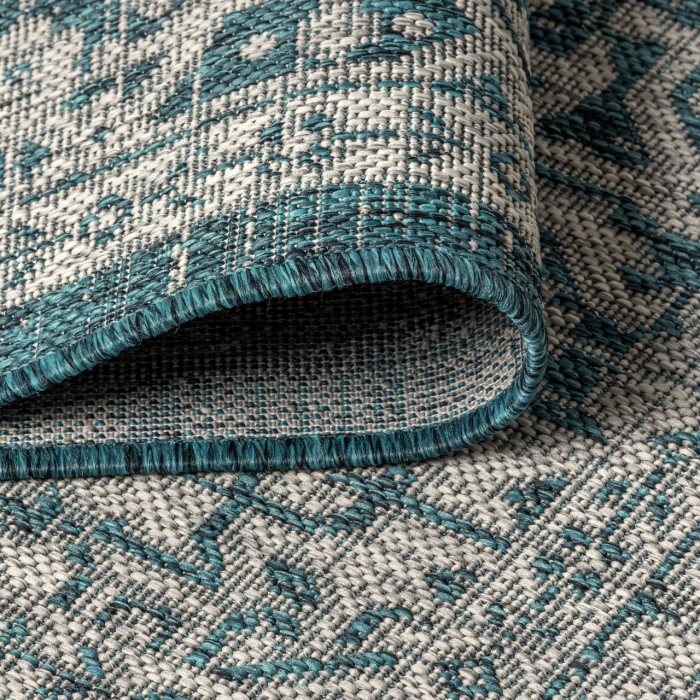 Sinjuri Medallion Textured Weave  Teal Blue/Gray 2 ft. x 8 ft. Indoor/Outdoor Runner Rug