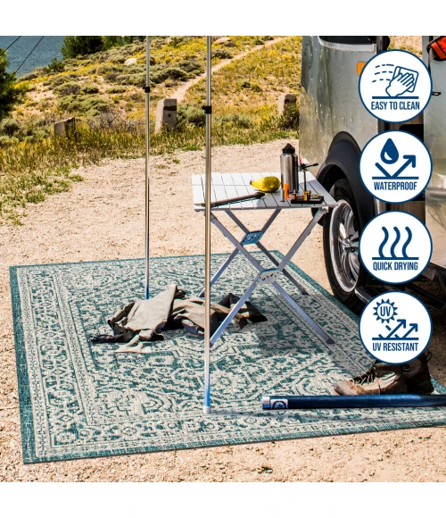 Sinjuri Medallion Textured Weave  Teal Blue/Gray 2 ft. x 10 ft. Indoor/Outdoor Runner Rug