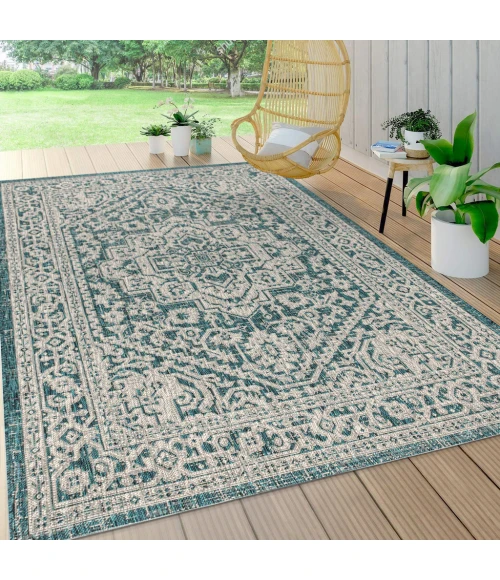 Sinjuri Medallion Textured Weave  Teal Blue/Gray 9 ft. x 12 ft. Indoor/Outdoor Area Rug