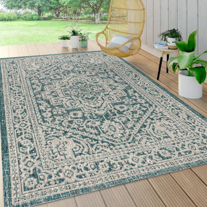 Sinjuri Medallion Textured Weave  Teal Blue/Gray 8 ft. x 10 ft. Indoor/Outdoor Area Rug