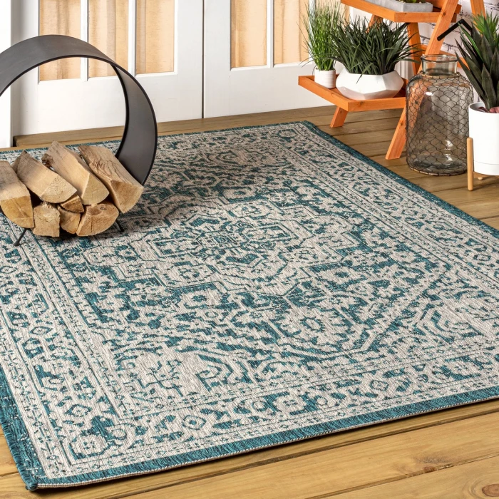 Sinjuri Medallion Textured Weave  Teal Blue/Gray 8 ft. x 10 ft. Indoor/Outdoor Area Rug