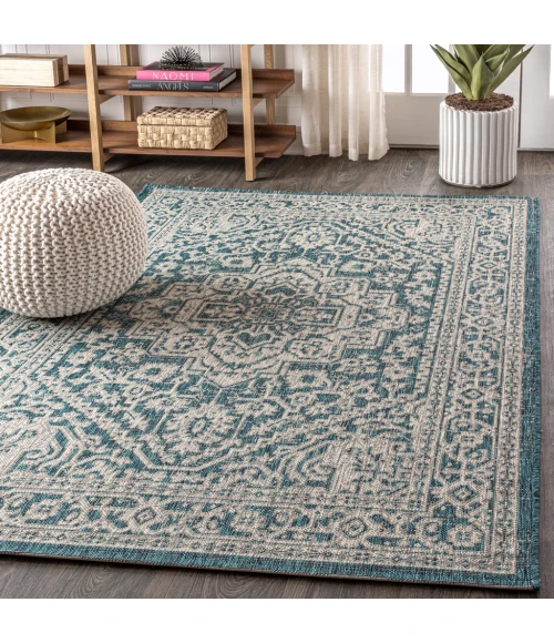 Sinjuri Medallion Textured Weave  Teal Blue/Gray 9 ft. x 12 ft. Indoor/Outdoor Area Rug