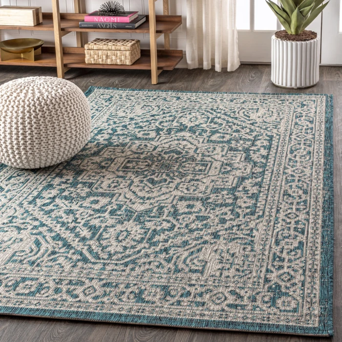 Sinjuri Medallion Textured Weave  Teal Blue/Gray 8 ft. x 10 ft. Indoor/Outdoor Area Rug
