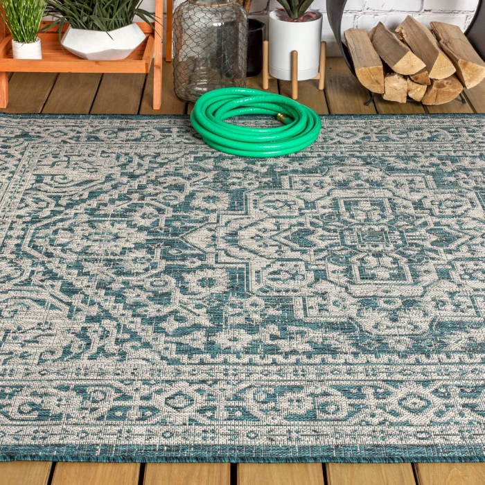 Sinjuri Medallion Textured Weave  Teal Blue/Gray 8 ft. x 10 ft. Indoor/Outdoor Area Rug