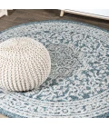 Sinjuri Medallion Textured Weave  Teal Blue/Gray 5' Round Indoor/Outdoor Area Rug