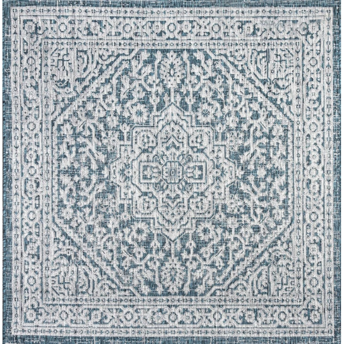 Sinjuri Medallion Textured Weave  Teal Blue/Gray 5' Square Indoor/Outdoor Area Rug