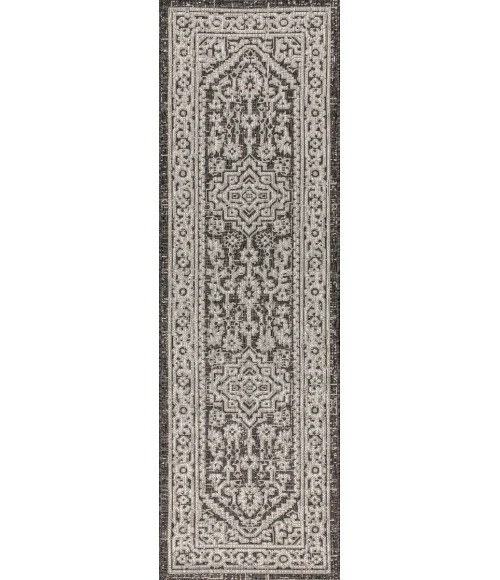 Sinjuri Medallion Textured Weave Gray/Black 2 ft. x 10 ft. Indoor/Outdoor Runner Rug