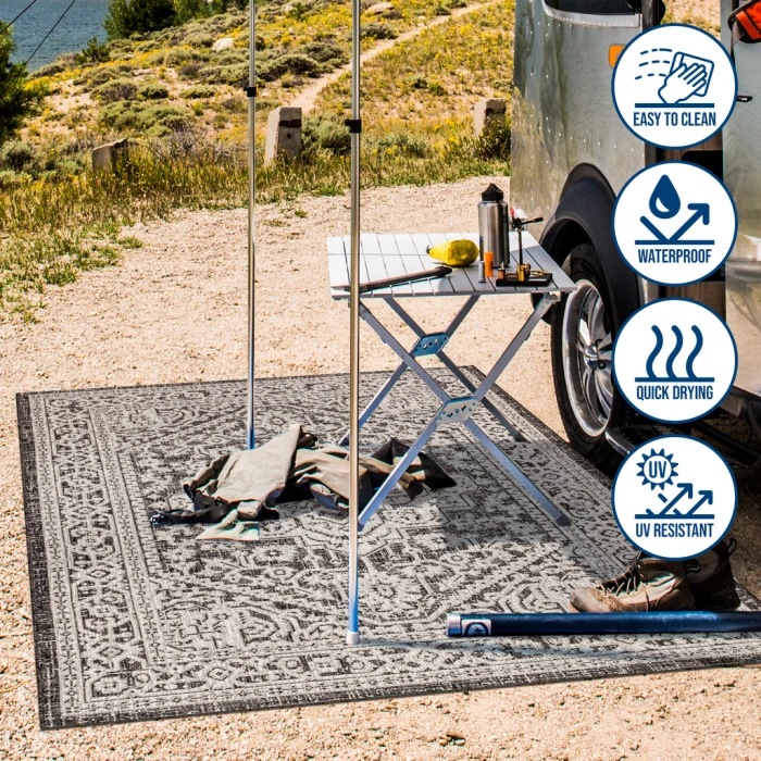 Sinjuri Medallion Textured Weave Gray/Black 5' Round Indoor/Outdoor Area Rug