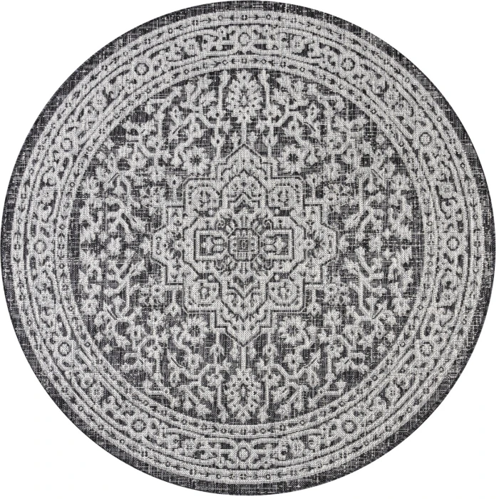 Sinjuri Medallion Textured Weave Gray/Black 5' Round Indoor/Outdoor Area Rug