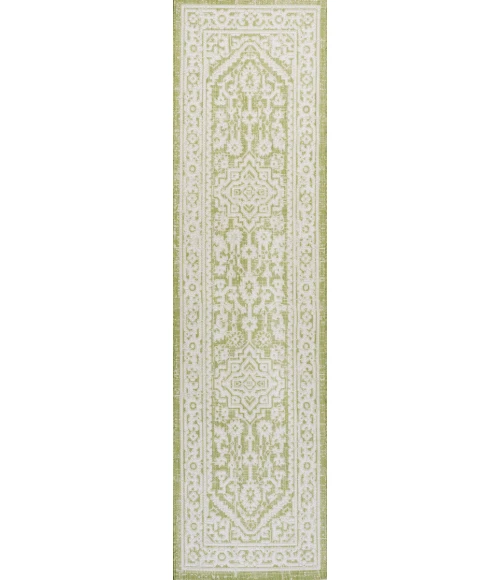 Sinjuri Medallion Textured Weave Green/Cream 2 ft. x 10 ft. Indoor/Outdoor Runner Rug