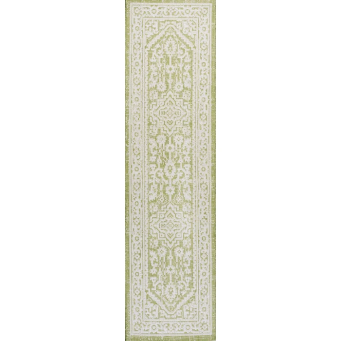 Sinjuri Medallion Textured Weave Green/Cream 2 ft. x 8 ft. Indoor/Outdoor Runner Rug