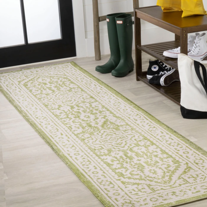 Sinjuri Medallion Textured Weave Green/Cream 2 ft. x 8 ft. Indoor/Outdoor Runner Rug