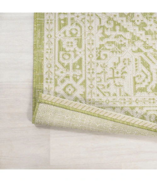 Sinjuri Medallion Textured Weave Green/Cream 2 ft. x 10 ft. Indoor/Outdoor Runner Rug