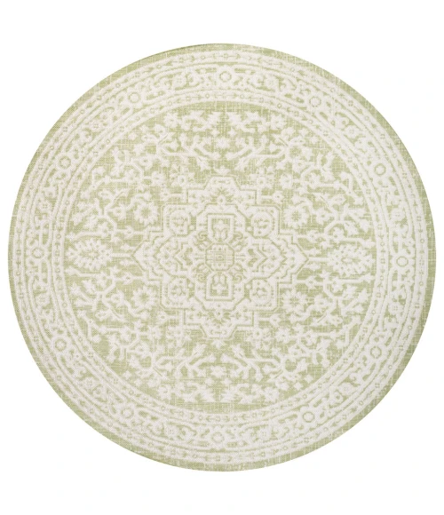 Sinjuri Medallion Textured Weave Green/Cream 5' Round Indoor/Outdoor Area Rug