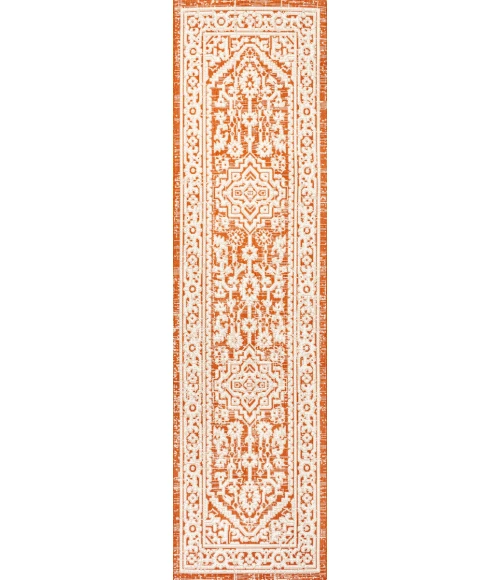 Sinjuri Medallion Textured Weave Orange/Cream 2 ft. x 10 ft. Indoor/Outdoor Runner Rug
