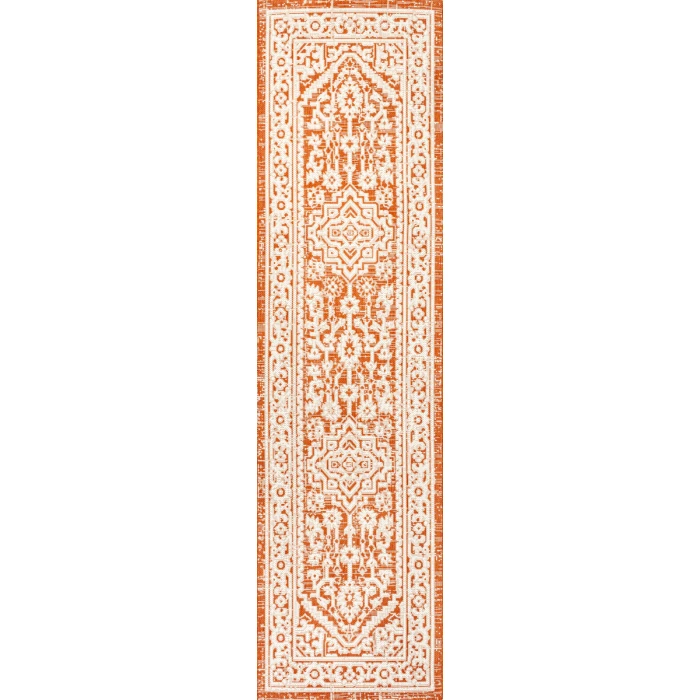 Sinjuri Medallion Textured Weave Orange/Cream 2 ft. x 10 ft. Indoor/Outdoor Runner Rug