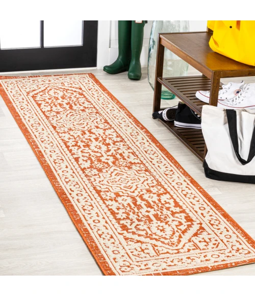 Sinjuri Medallion Textured Weave Orange/Cream 2 ft. x 10 ft. Indoor/Outdoor Runner Rug