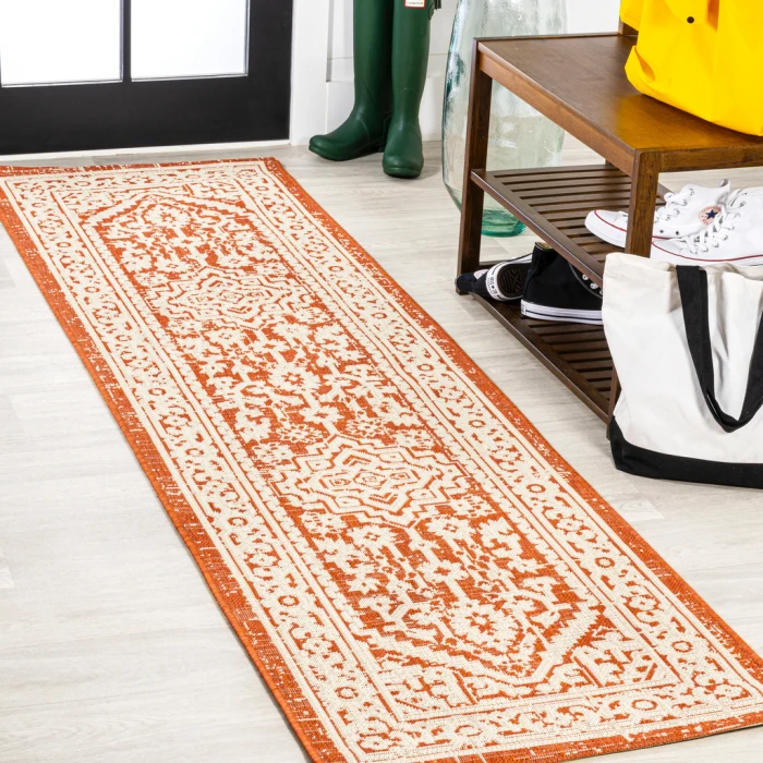 Sinjuri Medallion Textured Weave Orange/Cream 2 ft. x 10 ft. Indoor/Outdoor Runner Rug