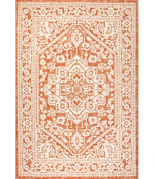 Sinjuri Medallion Textured Weave Orange/Cream 4 ft. x 6 ft. Indoor/Outdoor Area Rug