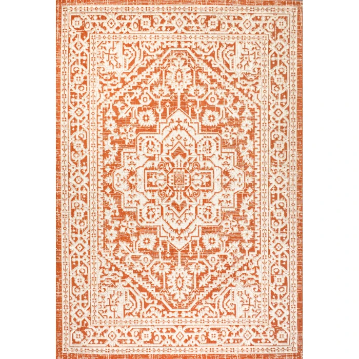 Sinjuri Medallion Textured Weave Orange/Cream 3 ft. x 5 ft. Indoor/Outdoor Area Rug