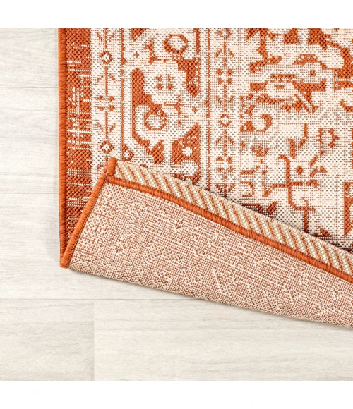 Sinjuri Medallion Textured Weave Orange/Cream 2 ft. x 10 ft. Indoor/Outdoor Runner Rug