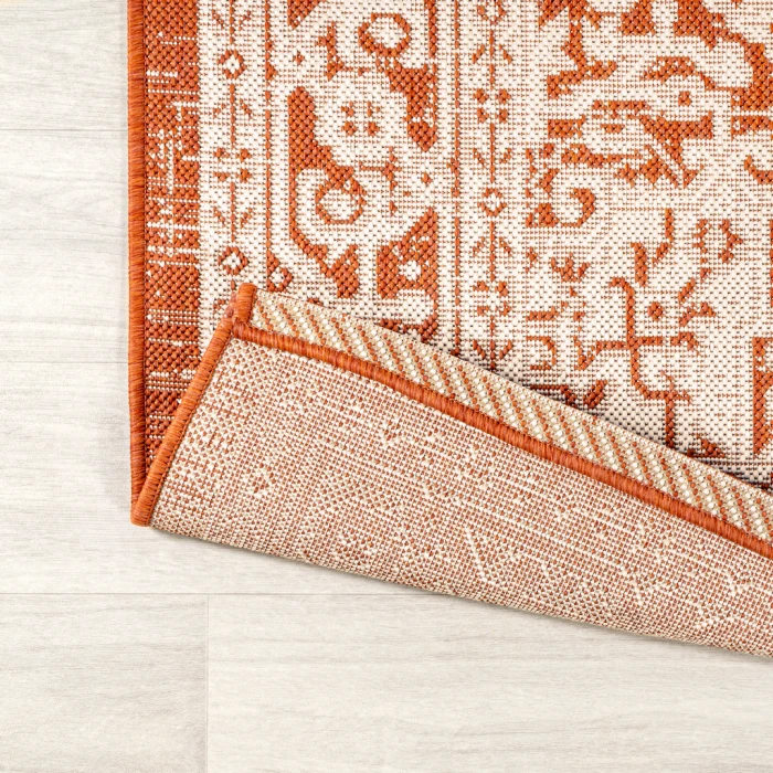 Sinjuri Medallion Textured Weave Orange/Cream 2 ft. x 10 ft. Indoor/Outdoor Runner Rug