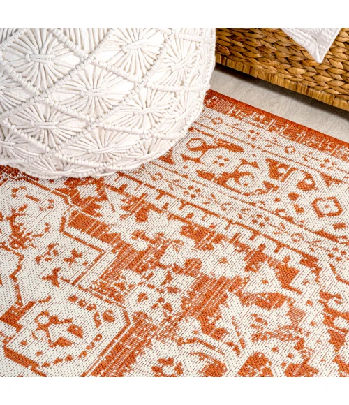 Sinjuri Medallion Textured Weave Orange/Cream 2 ft. x 10 ft. Indoor/Outdoor Runner Rug